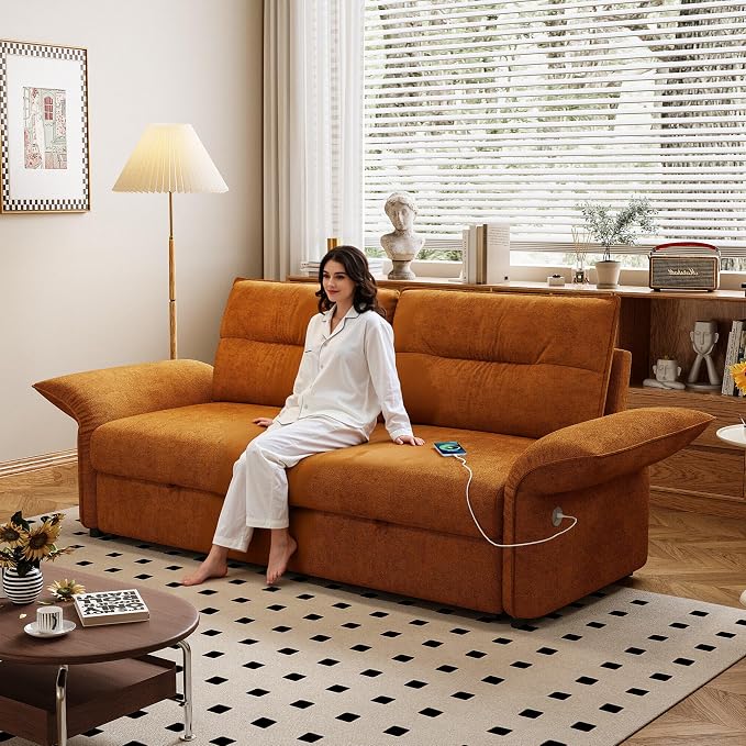 85'' Sofa Bed Full, Assembly, 3 in 1 Sleeper Sofa Beds, Flannel Pull Out Couch for Living Room, Charging & Adjustable Armrest, Comfy Loveseat for Small Space, Flannel Orange