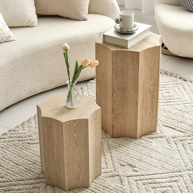 Nesting Coffee Table Set of 2,Modern Nesting Tables for Living Room,Octagonal End Table and Side Table Set,Wooden Center Table for Small Spaces,Plant Stand for Balcony,Fully Assembly,Natural Finish.