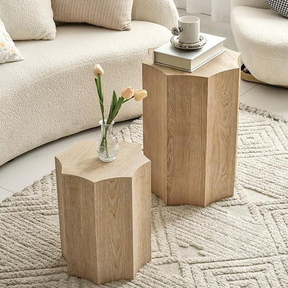 Nesting Coffee Table Set of 2,Modern Nesting Tables for Living Room,Octagonal End Table and Side Table Set,Wooden Center Table for Small Spaces,Plant Stand for Balcony,Fully Assembly,Natural Finish.