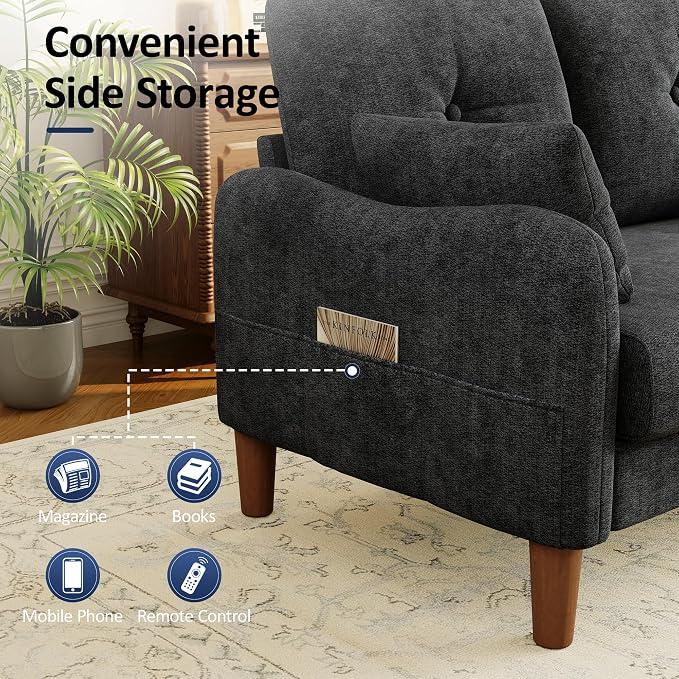 Vipbear 48" Loveseat Sofa,Modern Small Couches for Small Spaces,Black Chenille Love Seat Couch for Living Room,Bedroom,Apartment,Office,Deep Seat,Throw Pillow,Side Pockets,Curved Armrest