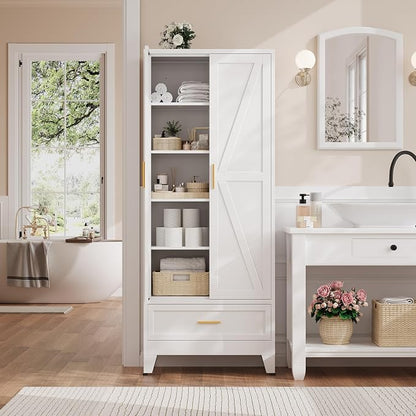 71“H Kitchen Pantry Cabinet with Drawers,Tall Kitchen Pantry Cabinets,Metal Food Storage Cabinets, White Pantry Cabinet with 4 Doors, Large Freestanding Cabinets for Dining Room, Living Room