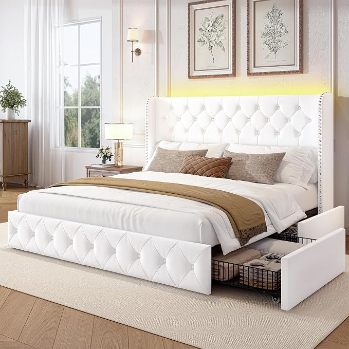 LARMACE King Size Bed Frame with LED Lights and 4 Storage Drawers Velvet Upholstered Platform Bed Frame with 47.2" Tall Tufted Headboard Wingback, No Box Spring Needed, Easy to Assemble, White