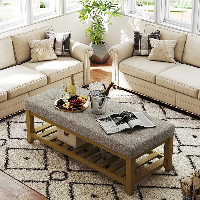 Befurtori Large Rectangular Upholstered Ottoman Bench, Linen Tufted Footrest Ottoman with Solid Wood Shelf Storage Coffee Table for Bedroom Living Room, Gray Linen