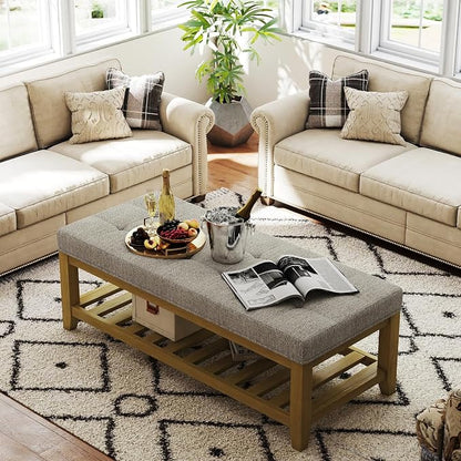 Befurtori Large Rectangular Upholstered Ottoman Bench, Linen Tufted Footrest Ottoman with Solid Wood Shelf Storage Coffee Table for Bedroom Living Room, Gray Linen
