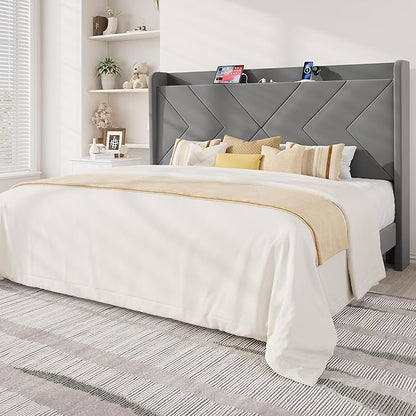 Allewie King Size Platform Bed Frame with USB Charging Station and Storage Shelf/Upholstered Velvet Wingback Headboard/Wooden Slats Support/No Box Spring Needed/Easy Assembly, Grey