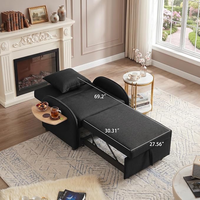 3-in-1 Convertible Sleeper Bed, Pull Out Single Sofa Bed with Adjustable Backrest, Foldable Recliner Sofa with Side Table & USB Port, Sleeper Chair for Living Room, Home Office, Black