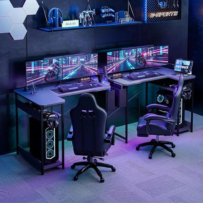 Acrolix L Shaped Gaming Desk 55 Inch - Computer Corner Desk with Power Outlets, Reversible Shelves & Storage Bag for Home Office, PC Gaming Table, Black Carbon
