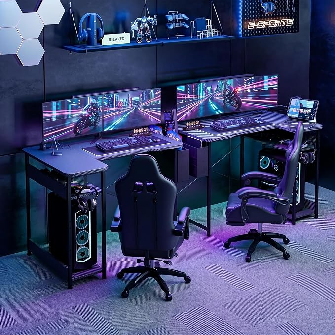 Acrolix L Shaped Gaming Desk 48 Inch - Computer Corner Desk with Power Outlets, Reversible Shelves & Storage Bag for Home Office, PC Gaming Table, Black Carbon