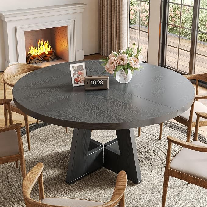 LITTLE TREE Round Dining Table for 4-6 People, 47 Inches Dining Room Table with Wooden Pedestal Base, Black Dinner Tables, Circle Kitchen Tables for Dining Room, Kitchen, Living Room