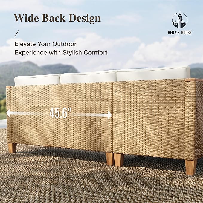 HERA'S HOUSE Small Patio Furniture Set, 3 Pieces Wicker Outdoor Sectional Sets,Yellow Rattan Conversation Set with Sofa and Coffee Table for Garden and Backyard, l Shape Boho Balcony Couch Sets