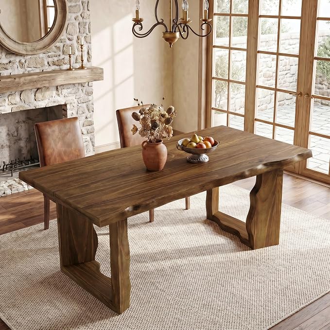 63" Live Edge Solid Wood Dining Table, Modern Rustic Kitchen Table with Sculptural Legs, 6-Person Rectangular Dinner Table for Dining Room, Kitchen,Natural Dark Brown Finish