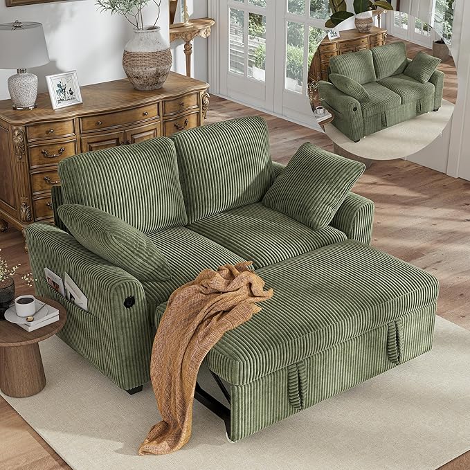 Hanherry 59" Loveseat Sofa with Pull Out Couch Bed, Corduroy 2-in-1 Convertible 2 Seater Sleeper Sofa with USB Charging,Comfy Love Seat for Small Spaces Living Room Apartment