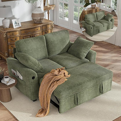 Hanherry 59" Loveseat Sofa with Pull Out Couch Bed, Corduroy 2-in-1 Convertible 2 Seater Sleeper Sofa with USB Charging,Comfy Love Seat for Small Spaces Living Room Apartment
