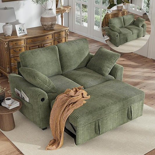 Hanherry 59" Loveseat Sofa with Pull Out Couch Bed, Corduroy 2-in-1 Convertible 2 Seater Sleeper Sofa with USB Charging,Comfy Love Seat for Small Spaces Living Room Apartment