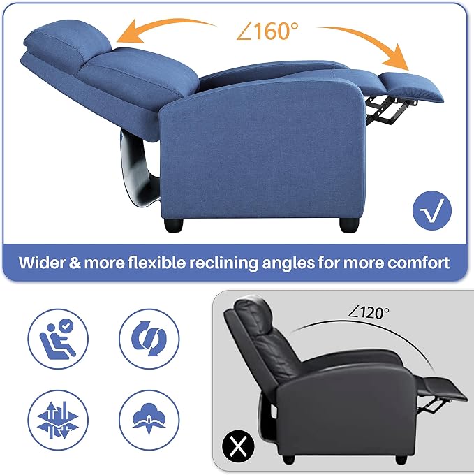 Topeakmart Fabric Recliner Sofa Push Back Recliner Chair Adjustable Modern Single Reclining Chair Upholstered Sofa with Pocket Spring Living Room Bedroom Home Theater Light Blue