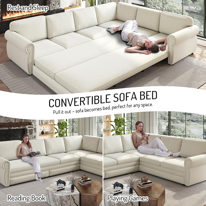 118" L-Shaped Sleeper Couch Bed - Oversize Convertible with Pull-Out Sofa Bed, Button Tufted Chesterfield Sofa, Chenille Sectional Vintage Couches for Living Room/Apartment(6-Seater, Beige)
