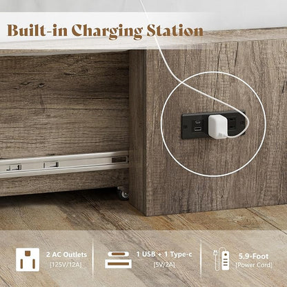 AMERLIFE Twin Size Murphy Bed, Farmhouse Wooden Cabinet with Charging Station and Storage Drawer for Bedroom/Office/Guest Room, Grey Oak