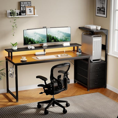 DUMOS 59” Gaming Desk with USB Charging Ports & LED Lights, Reversible Computer Desk with Drawers, PC Desk for Home Office Small Space, Gaming Table Fits PC Towers, Black