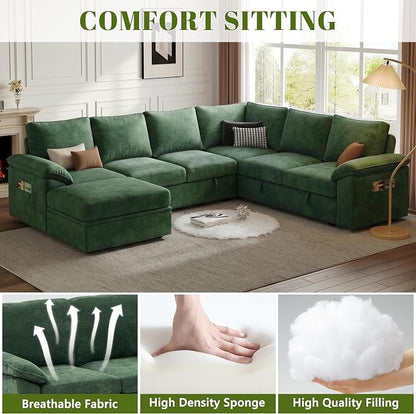 108 Inch Modular Sectional Sofa with Pull Out Bed,U Shaped 7 Seat Sectional Sleeper Sofa with Storage,Sectional Couches for Living Room,Cloud Modular Couch,Removable Sofa Cover,Green