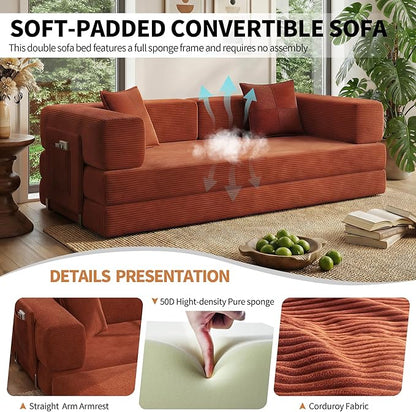 78.8" Convertible Sofa Bed with Armrest Pillow, 4-in-1 Sleeper Couch Bed for Livingroom, Modular Corduroy Boneless couches, No Assembly (Orange)