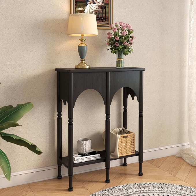 Console Table with Storage Shelf, 28" Small Entryway Table with Roman-Style Legs, Wooden Sofa Table Retro 2-Tier for Living Room, Hallway, Black