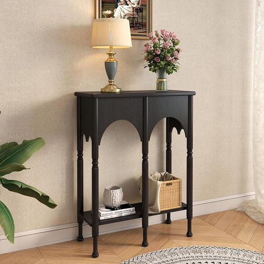 Console Table with Storage Shelf, 28" Small Entryway Table with Roman-Style Legs, Wooden Sofa Table Retro 2-Tier for Living Room, Hallway, Black