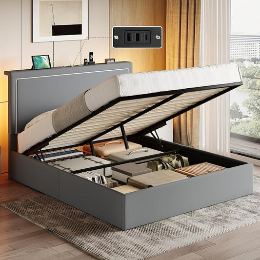 SHA CERLIN Full Size Hydraulic Lift-Up Storage Platform Bed Frame with Charging Station, RGB LED Lights, Adjustable Velvet Headboard, USB-A and USB-C Ports, No Box Spring Needed, Grey
