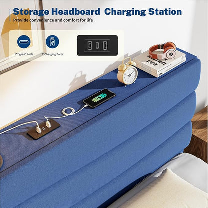EnHomee Twin Size Bed Frame with Upholstered Headboard,Adjustable Height Platform Bed,Charging Station,No Box Spring Needed,Easy Assembly,Noise-Free,Navy Blue