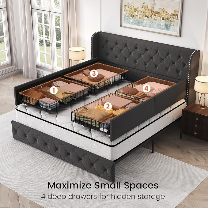 LARMACE King Size Platform Bed Frame with 4 Storage Drawers and 47.2" Tall Tufted Headboard Linen Upholstered Bed Wingback Bed Frame with Wooden Slats Support, Easy Assembly, Dark Grey