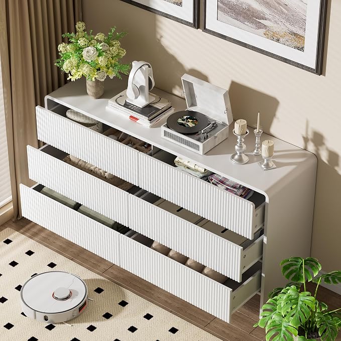Furniway 55" Wide Modern Dresser for Bedroom, 6 Drawer Chest of Drawers with Curved Design, Push-to-Open Storage Dresser, White