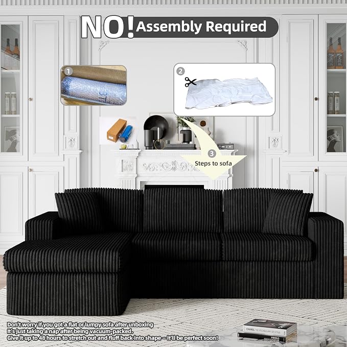 Shintenchi 105" Modular Sectional Sofa, Boneless L Shaped Couch with Deep Seat, Cloud Foam Couch with Oversized Chaise, Plush Corduroy Sofa No Assembly Needed for Living Room, Black