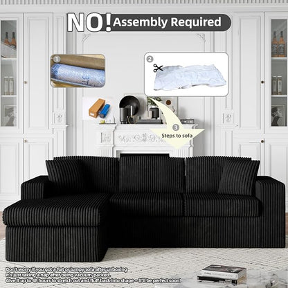 Shintenchi 105" Modular Sectional Sofa, Boneless L Shaped Couch with Deep Seat, Cloud Foam Couch with Oversized Chaise, Plush Corduroy Sofa No Assembly Needed for Living Room, Black