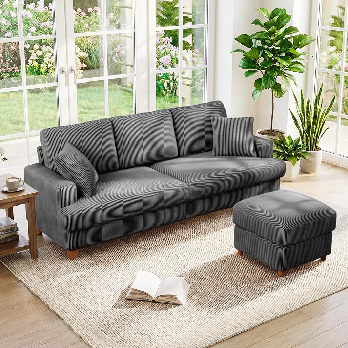 Kidirect 87in L Shaped Couch, Modular Sofa No Tool Assembly, Comfy Sectional Couches for Living Room 21in Deeper Seats, Corduroy Sofas for Living Room with 2 Pillows, Loveseat Sofa Set, Grey Couch