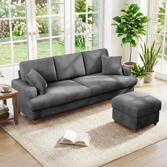 Kidirect 87in L Shaped Couch, Modular Sofa No Tool Assembly, Comfy Sectional Couches for Living Room 21in Deeper Seats, Corduroy Sofas for Living Room with 2 Pillows, Loveseat Sofa Set, Grey Couch