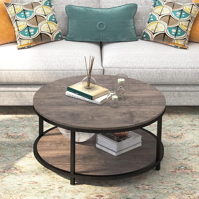 WiberWi Round Coffee Table 35.8" Circle Coffee Tables for Living Room Rustic Industrial Cocktail Table with Sturdy Metal Frame and Open Storage Shelf, Easy Assembly, Gray Brown