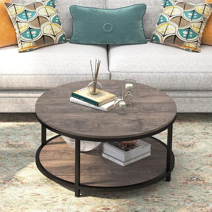WiberWi Round Coffee Table 35.8" Circle Coffee Tables for Living Room Rustic Industrial Cocktail Table with Sturdy Metal Frame and Open Storage Shelf, Easy Assembly, Gray Brown