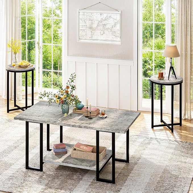 Lamerge 3 Pieces Living Room Table Set, Faux Marble Coffee Table with 2 Round End Side Tables, Coffee Table Set with Metal Frame for Apartment Home Office, Grey&Black