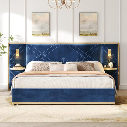 Merax Queen Bed Frame with Wingback Headboard, Luxury Velvet Upholstered Platform Bed Frame King Size with 2 Built-in Led Lights and 2 Floating Storage Shelves for Bedroom, No Box Spring Needed, Blue