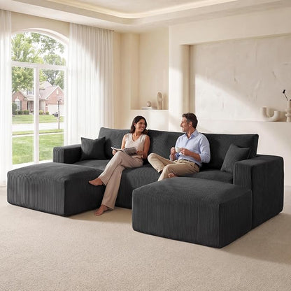 Living&Giving 115" Modular Cloud Boneless Couch, U Shaped Sectional Sofa with Chaise, Corduroy Floor Couch for Living Room, High-Density Foam & Firm Lumbar Support for Apartment, Black