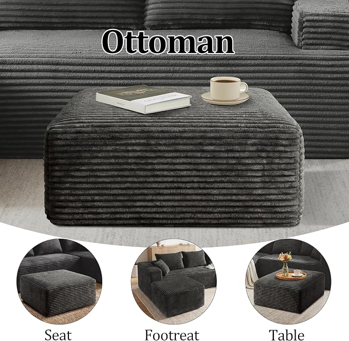 Corduroy Ottoman, Modern Boneless Cloud Foot Rest Foam Support, Oversized Modular Sectional Sofa Stool for Living Room, Bedroom & Small Spaces, No Assembly Required (Drak Gray, Ottoman)