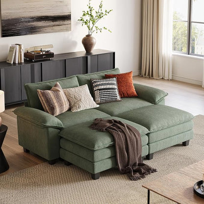 LINSY HOME 90'' Modular Sectional Sofa 2 Seat Couch Corduroy Cloud Couch with Deep Seat, Modern Cloud Couch with 2 Movable Ottoman for Living Room, Office, Bedroom, Green