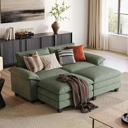 LINSY HOME 90'' Modular Sectional Sofa 2 Seat Couch Corduroy Cloud Couch with Deep Seat, Modern Cloud Couch with 2 Movable Ottoman for Living Room, Office, Bedroom, Green