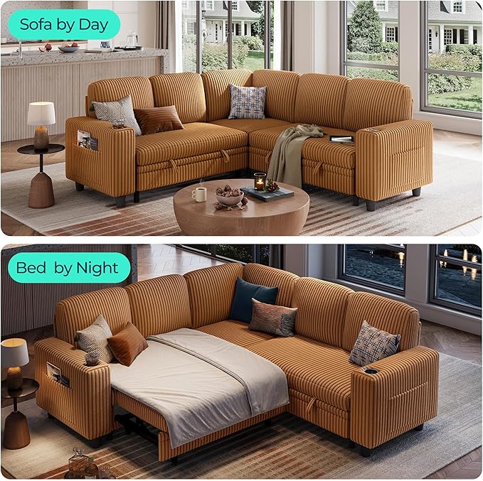 LINSY HOME Pull Out Sofa Bed Sectional Sleeper Sofa with Storage, Plush Corduroy Pullout Modular Sectional Couches for Living Room, L Shaped Convertible Couch Bed for Apartment (Brown)