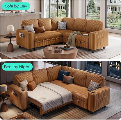 LINSY HOME Pull Out Sofa Bed Sectional Sleeper Sofa with Storage, Plush Corduroy Pullout Modular Sectional Couches for Living Room, L Shaped Convertible Couch Bed for Apartment (Brown)