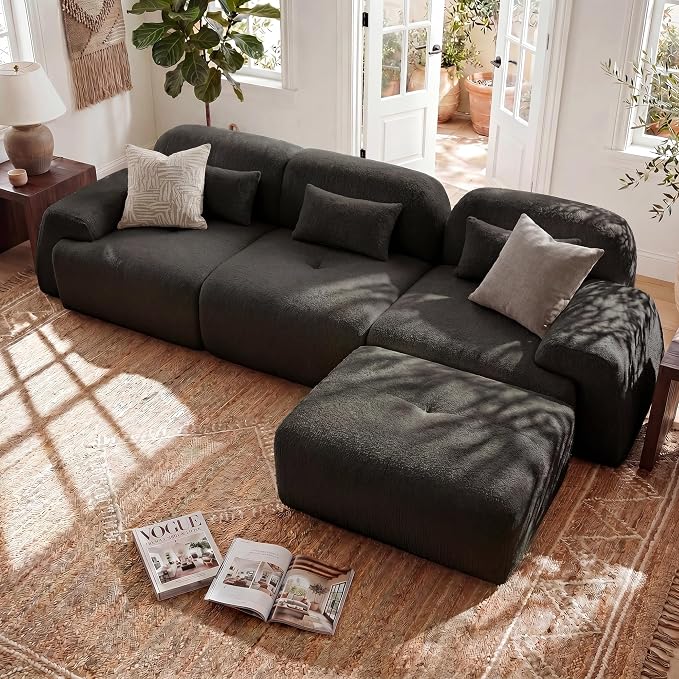 118'' Modular Sectional Cloud Couch Boneless Couches, Oversize Curved Sectional Couches for Living Room, Deep Seat Couch Lambswool Sofa with Ottoman & Throw Pillows, No Assembly, HR Foam