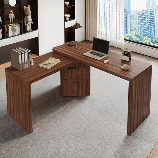 90” Modern L-Shaped Desk with 3 Drawers, 360° Wood Rotating Desk, Workstation for Home Office, Living Room, Walnut