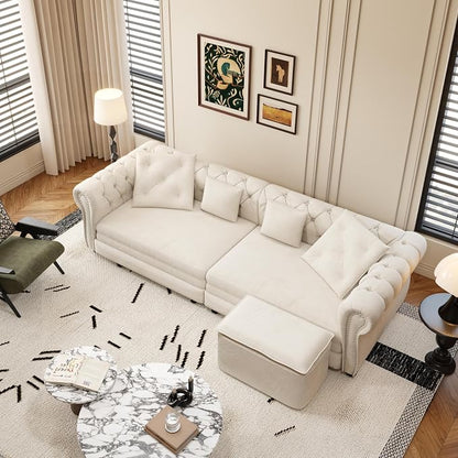 89" Velvet Pull Out Couch Bed - 3-in-1 Convertible Sleeper Sofa with Ottoman, Button Tufted Chesterfield Sofa, King Size Pull Out Sofa Bed, Space Saving for Small Spaces Apartments, Living Room,Beige | 3-in-1 Convertible