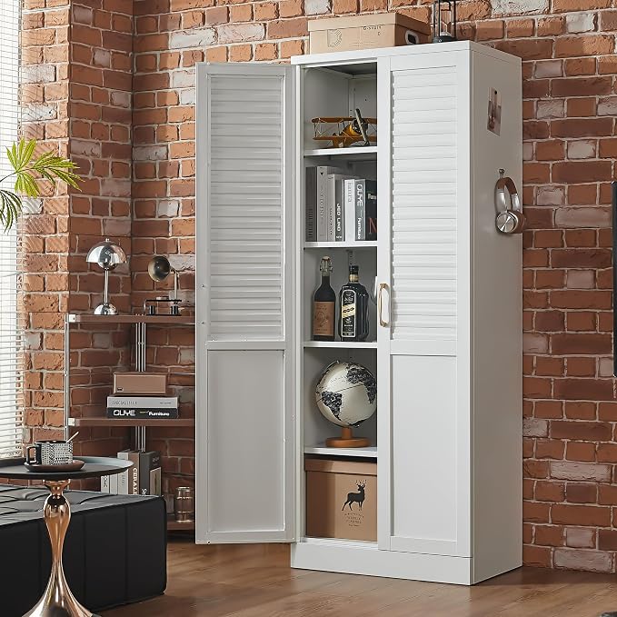 Metal Pantry Cabinet with 4 Adjustable Shelves for Kitchen Storage | Seamless One-Piece Louver Door with Furniture-Style Appeal,Stress-Free Assembly,Stable Design with Floor Protection