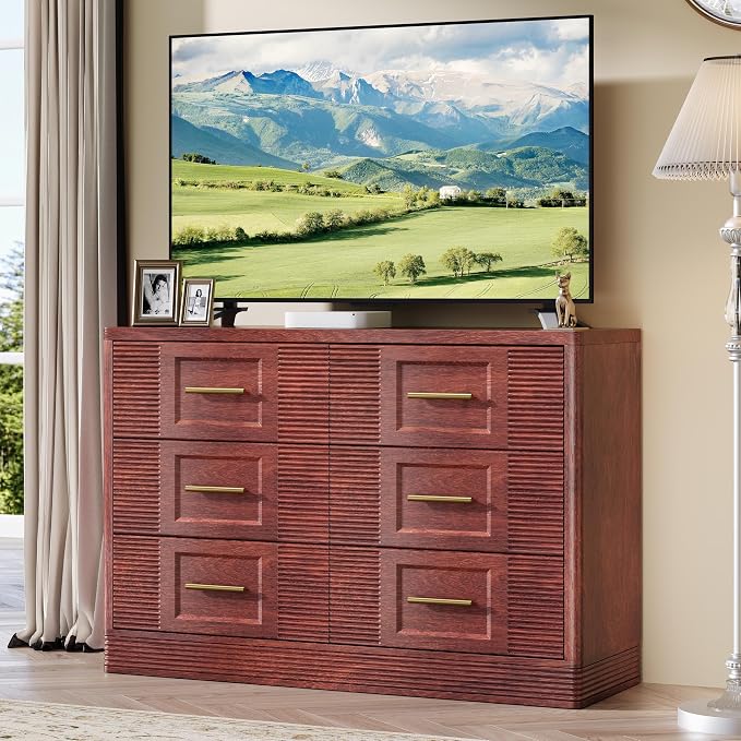 RECHHX Farmhouse 6 Drawers Dresser for Bedroom, 47.2" Wide Large Modern Chest of Drawers, Wooden Thermoformed Curved Dresser Organizer for Bedroom, Living Room, Walnut Cherry