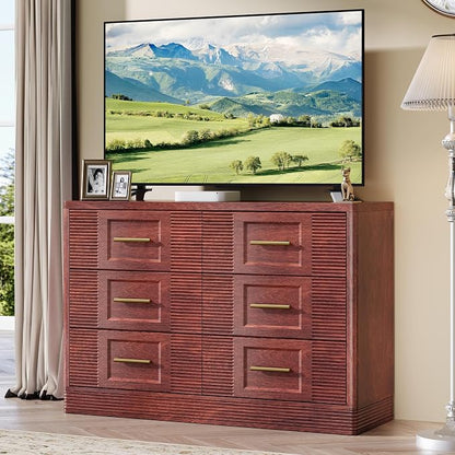 RECHHX Farmhouse 6 Drawers Dresser for Bedroom, 47.2" Wide Large Modern Chest of Drawers, Wooden Thermoformed Curved Dresser Organizer for Bedroom, Living Room, Walnut Cherry